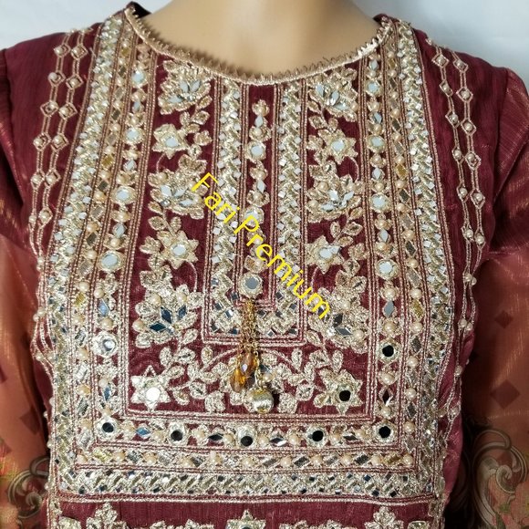 Pakistani Branded Fancy Embroidered Shaded Masuri 3-Piece Shalwar Kameez Orange - Picture 10 of 17